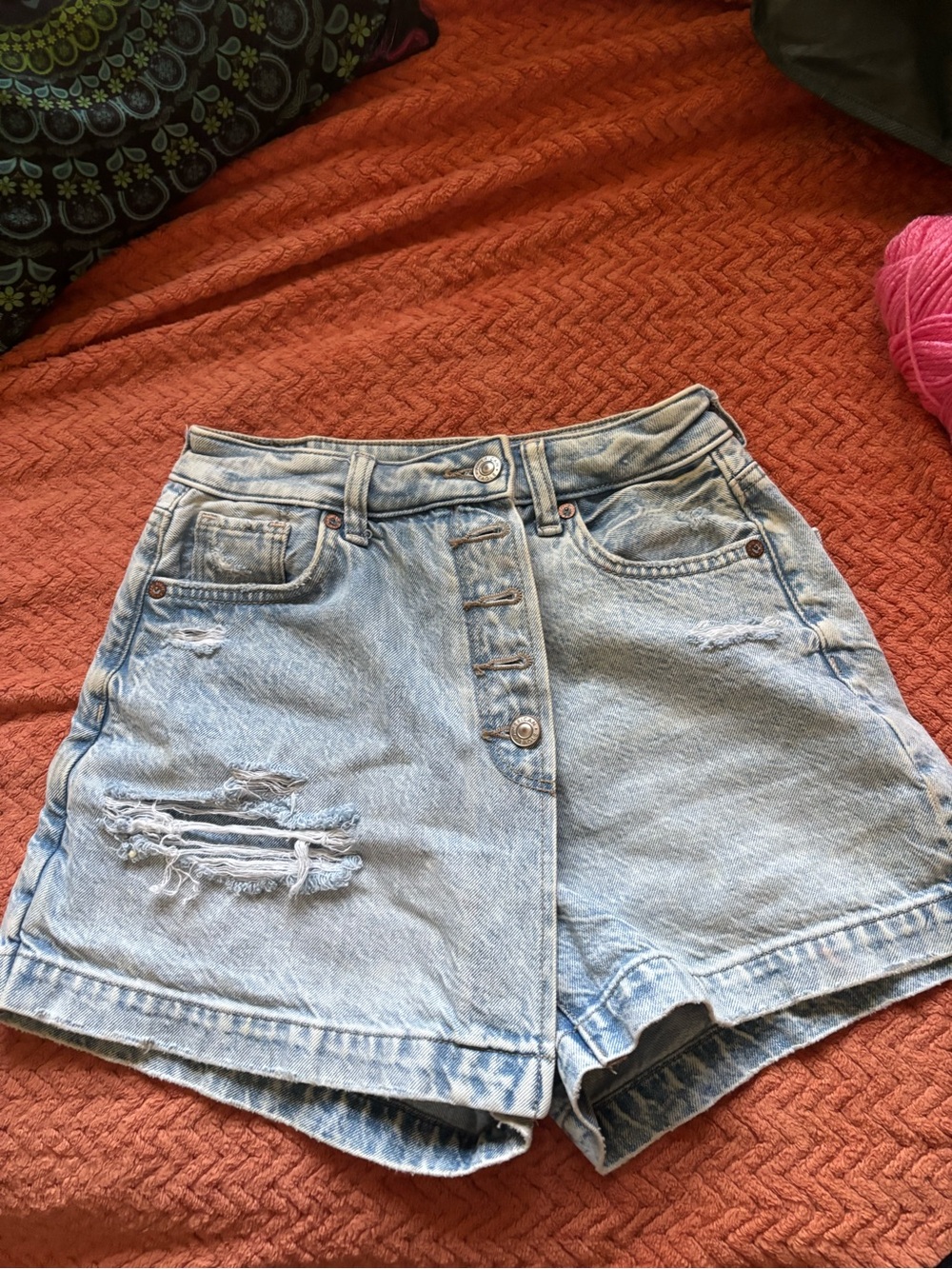 American Eagle High-Waist Distressed Light Blue Denim Skort - Women